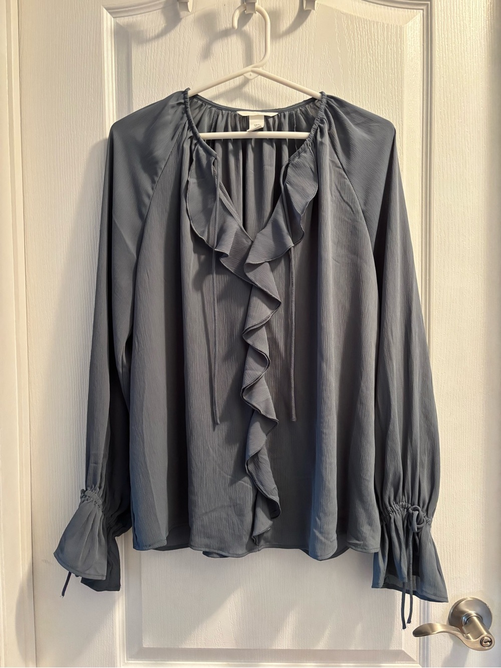 H&M Slate Blue Ruffle Tie Neck Blouse